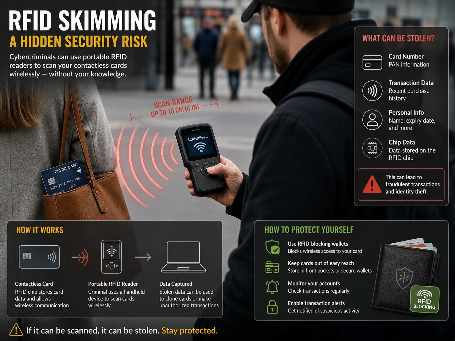 RFID skimming demonstration security risk showing how contactless payments can be scanned wirelessly with a portable reader