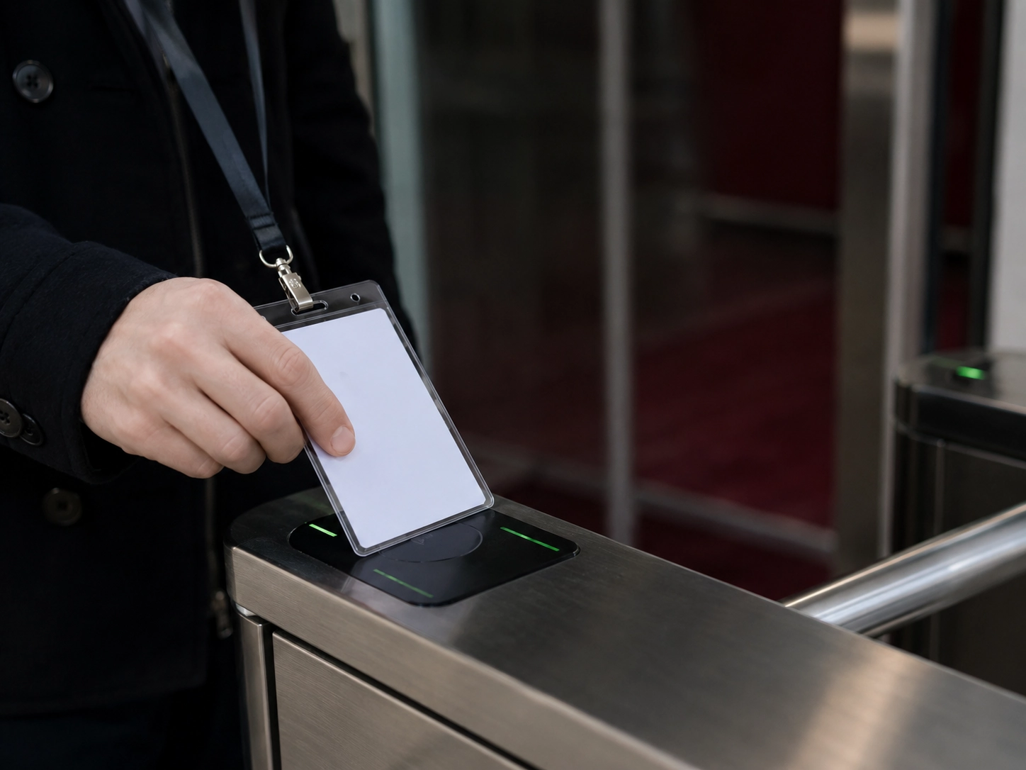 RFID conference badges - Attendee tapping badge at an entrance gate for secure access control and data collection.