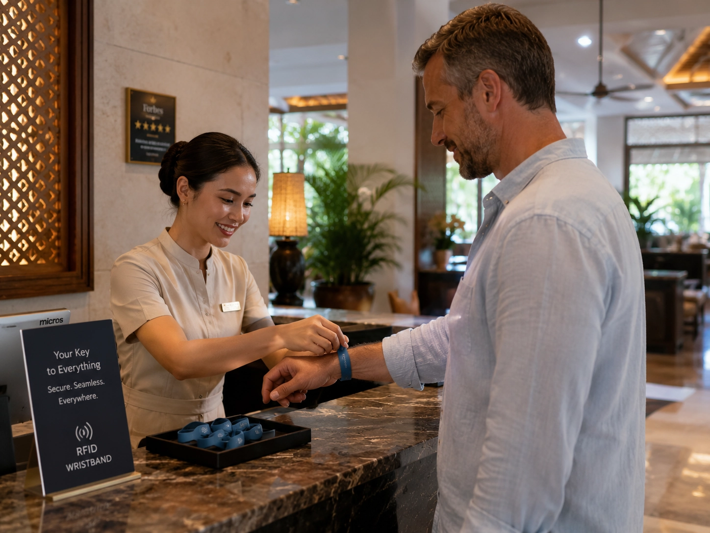 A guest checks in at a luxury resort lobby, receiving a secure silicon RFID wristband for comprehensive access