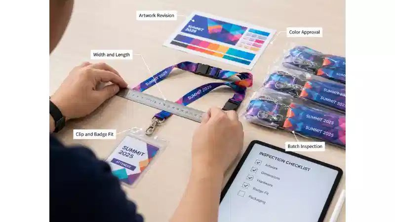 Quality inspector checking full color lanyard artwork, dimensions, color, clip and badge fit before production approval ``` Quality inspector checking full color lanyard artwork, dimensions, color, clip and badge fit before production approval ```