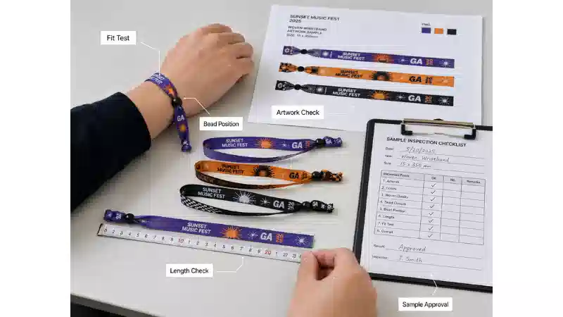 Inspector testing the fit, bead position, artwork and length of an adjustable bead wristband sample Inspector testing the fit, bead position, artwork and length of an adjustable bead wristband sample
