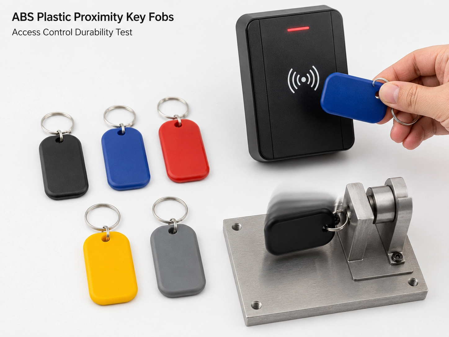 ABS plastic proximity key fobs with key rings for B2B access control durability test